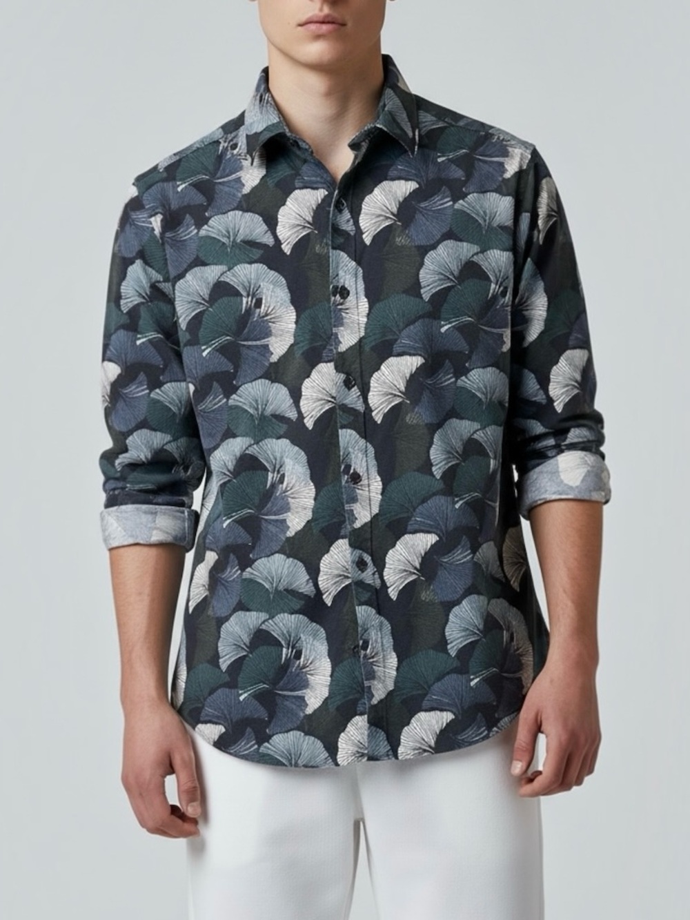 Express Slim 1MX Men’s Ginkgo Leaf Print Blue Teal Button Up Dress Shirt Medium